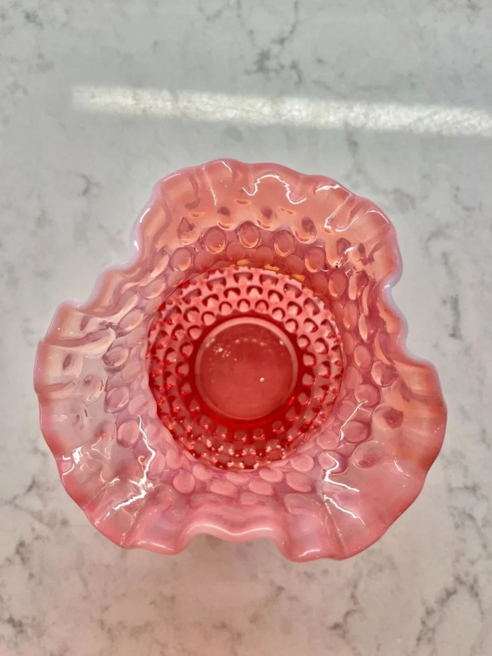 Fenton Glass Vase in the Cranberry Opalescent Hobnail Pattern